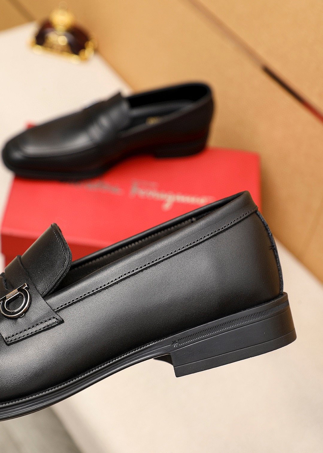 Ferragamo Black Buckle Loafers — detail