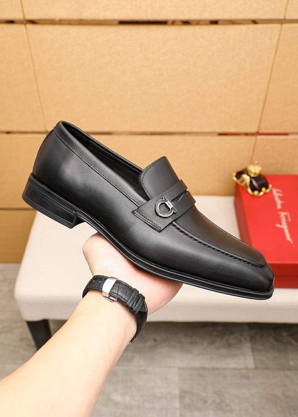 Ferragamo Black Buckle Loafers — model