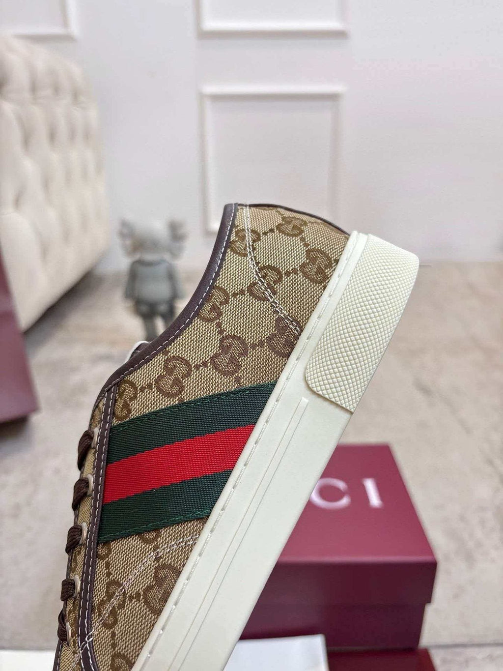 GUCCI Brown Monogram Stripe Sneakers — detail