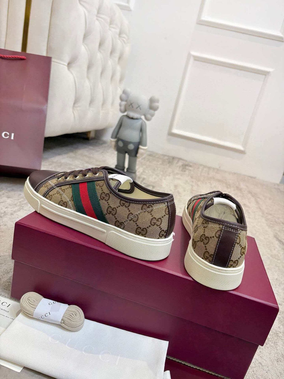 GUCCI Brown Monogram Stripe Sneakers — side