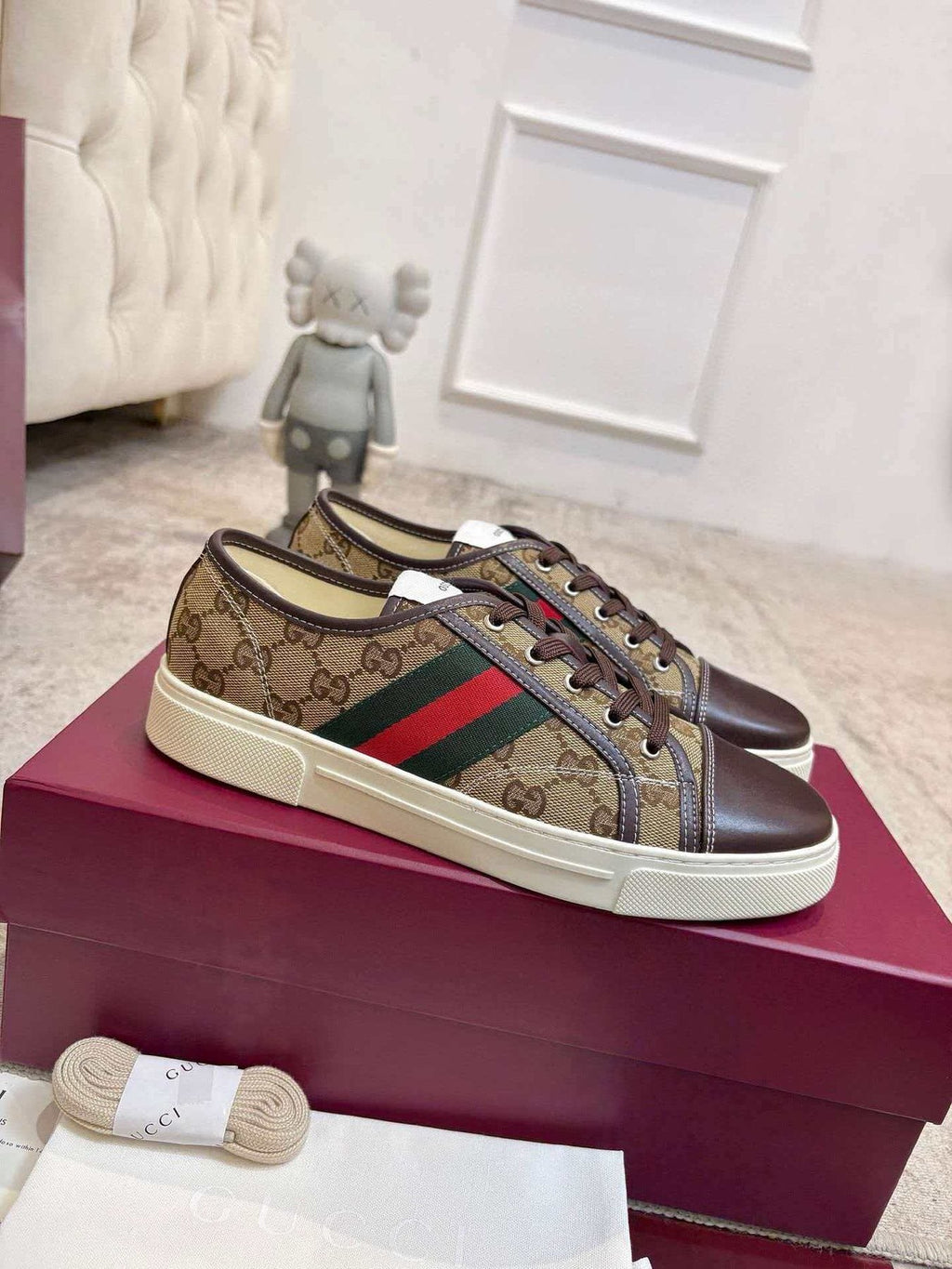 GUCCI Brown Monogram Stripe Sneakers — front
