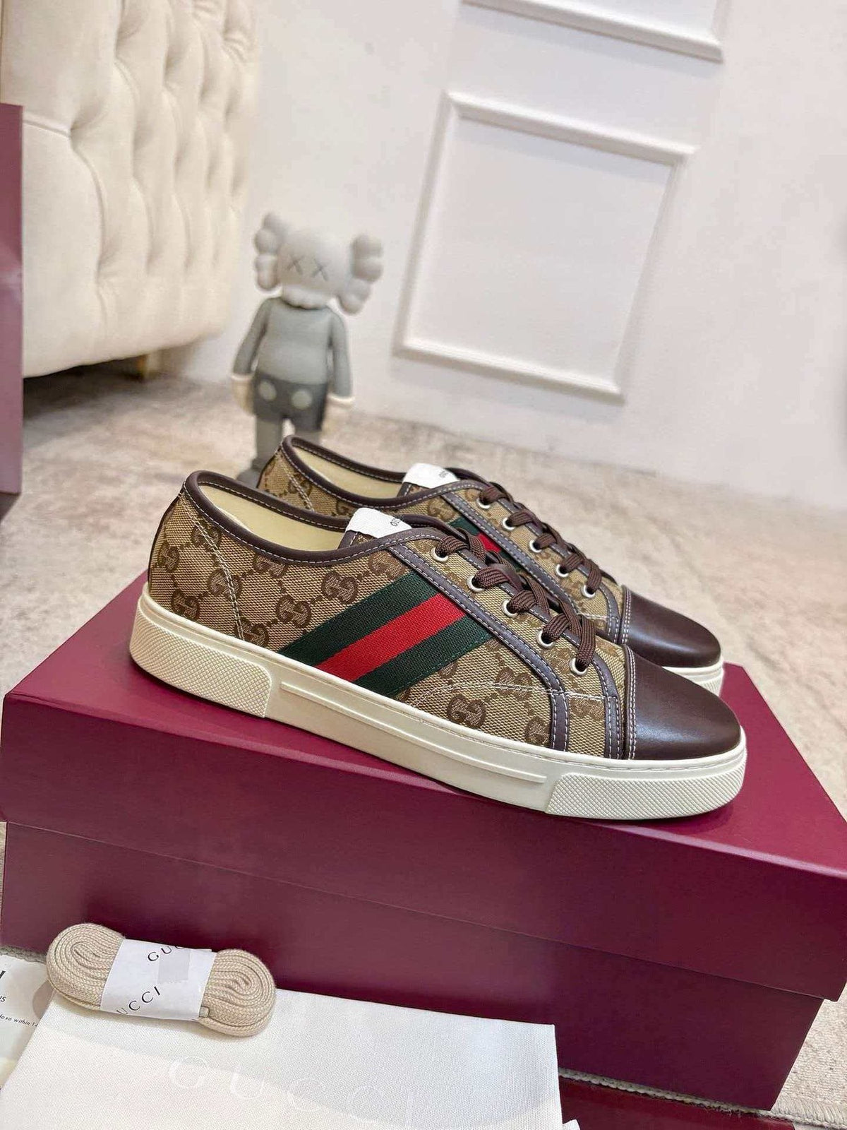 GUCCI Brown Monogram Stripe Sneakers — front