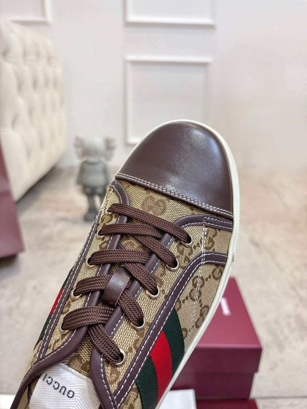 GUCCI Brown Monogram Stripe Sneakers — detail