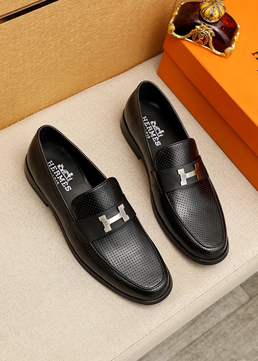 Hermès Black Perforated H-Hardware Loafers — hero