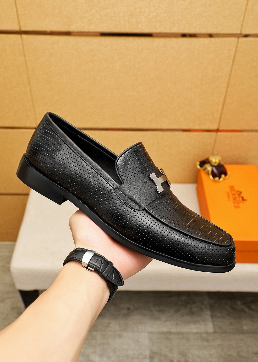 Hermès Black Perforated H-Hardware Loafers — model
