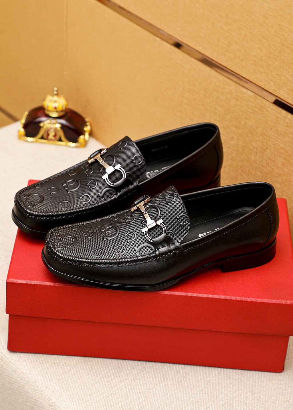 Ferragamo Black Embossed Buckle Loafers — front