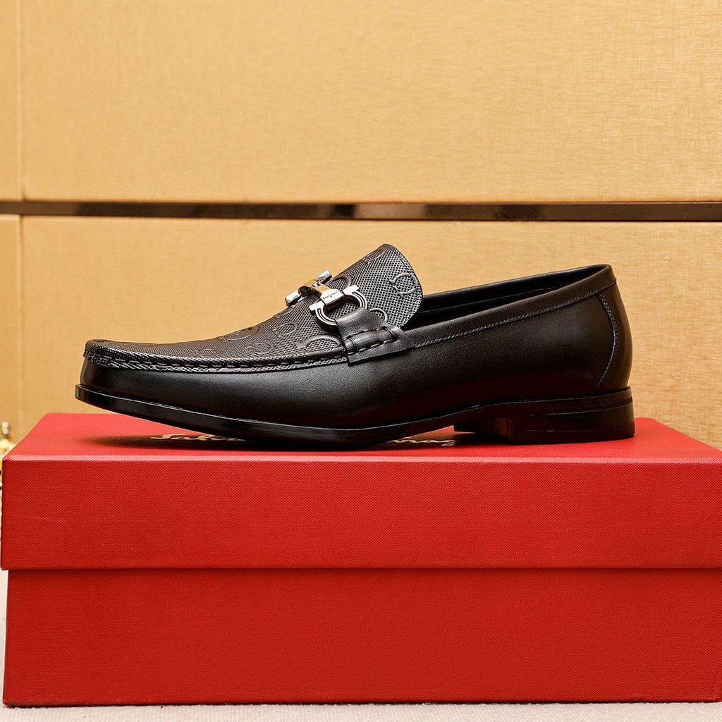 Ferragamo Black Embossed Buckle Loafers — side