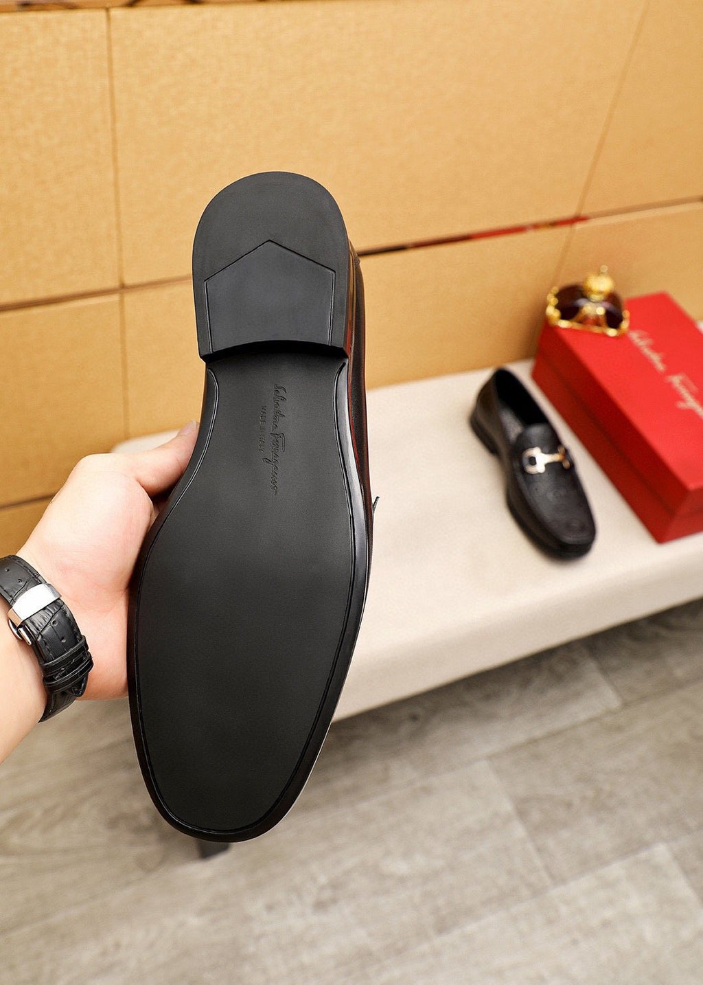 Ferragamo Black Embossed Buckle Loafers — side