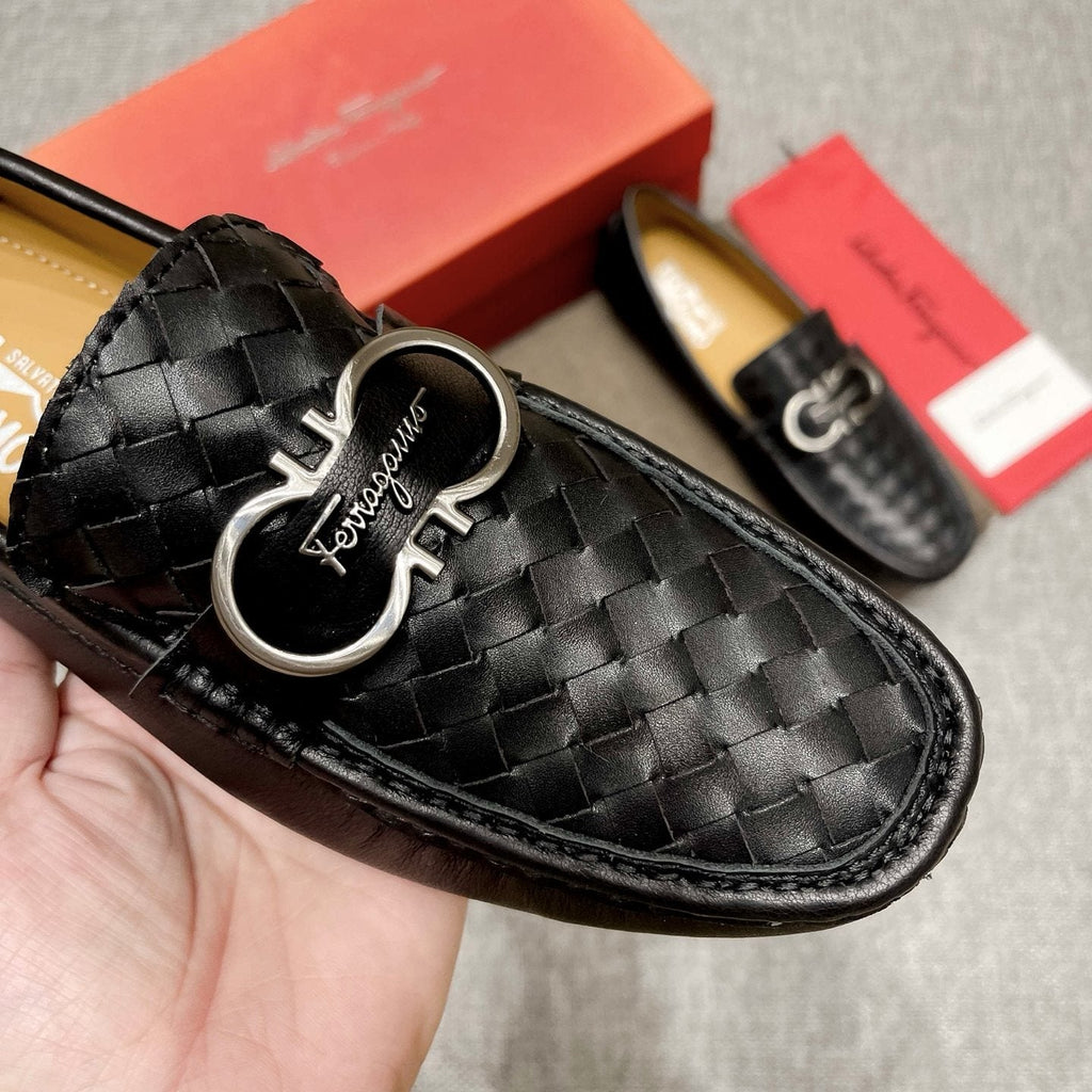 Ferragamo Black Woven Driving Loafers — detail