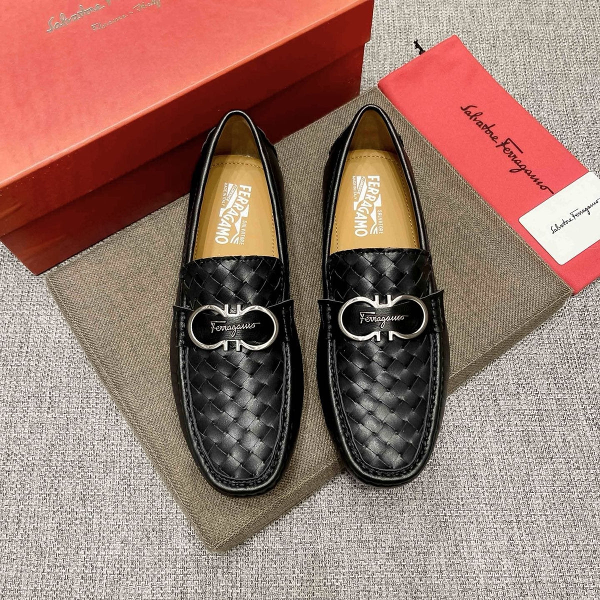 Ferragamo Black Woven Driving Loafers — hero