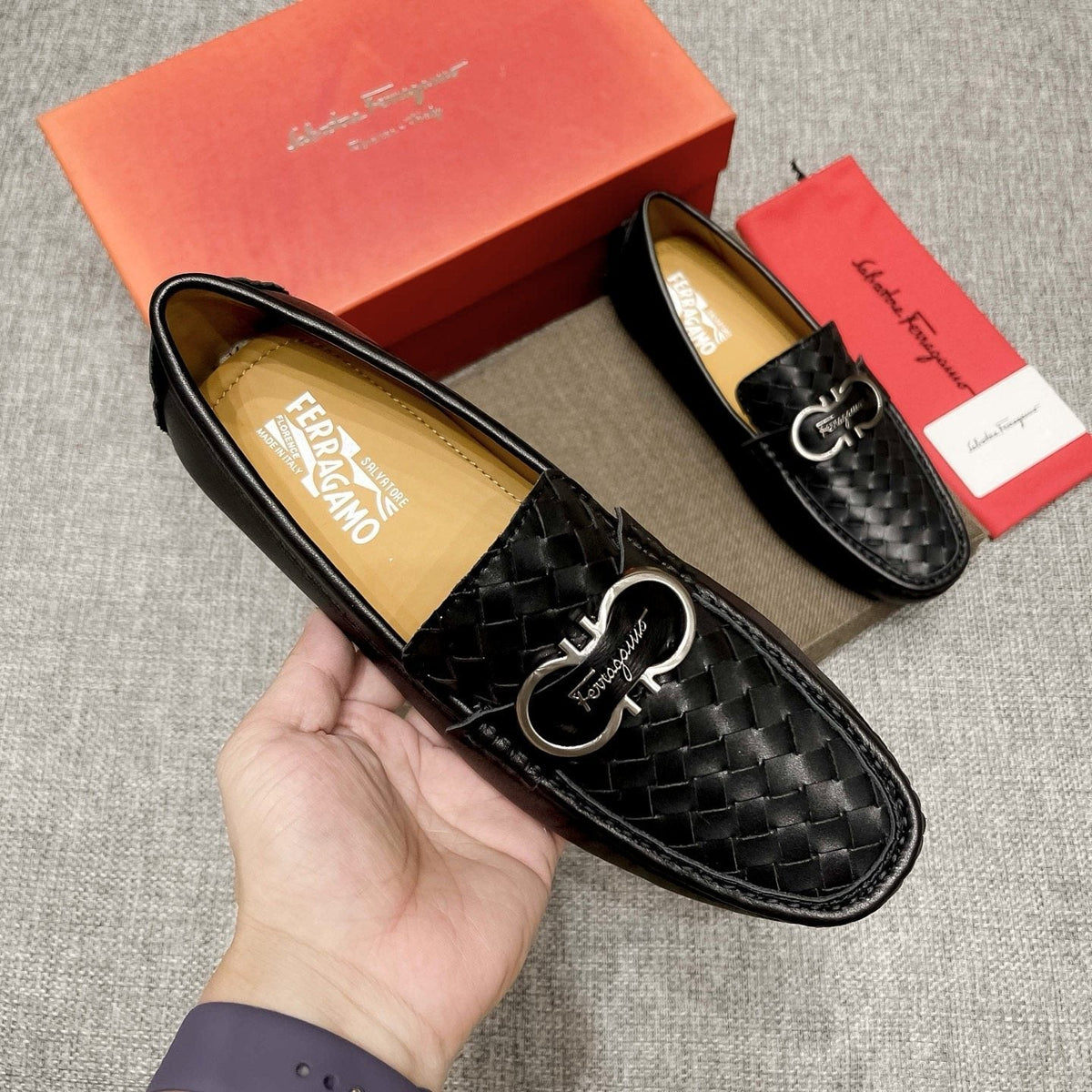 Ferragamo Black Woven Driving Loafers — model