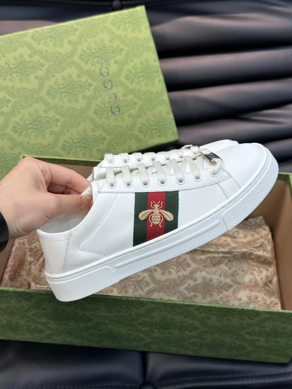 Gucci White Stripe Bee Low-Top Sneakers — side