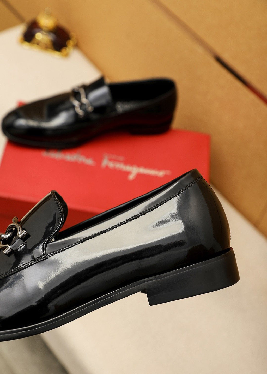 Ferragamo Black Patent Bit Loafers — back