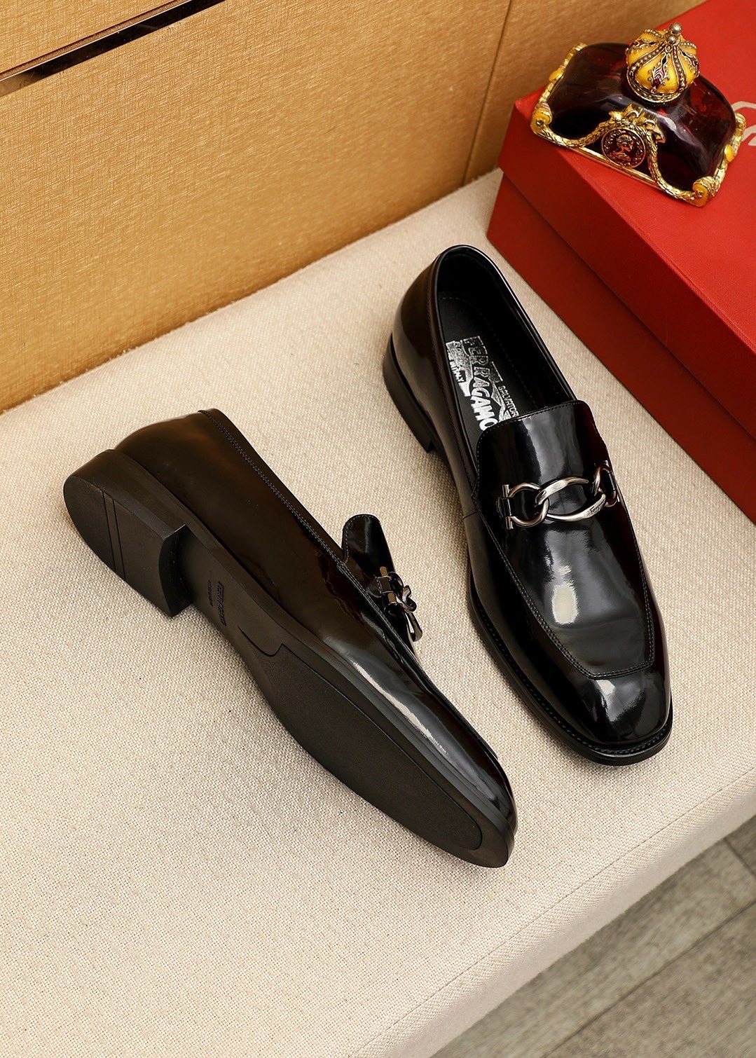 Ferragamo Black Patent Bit Loafers — hero