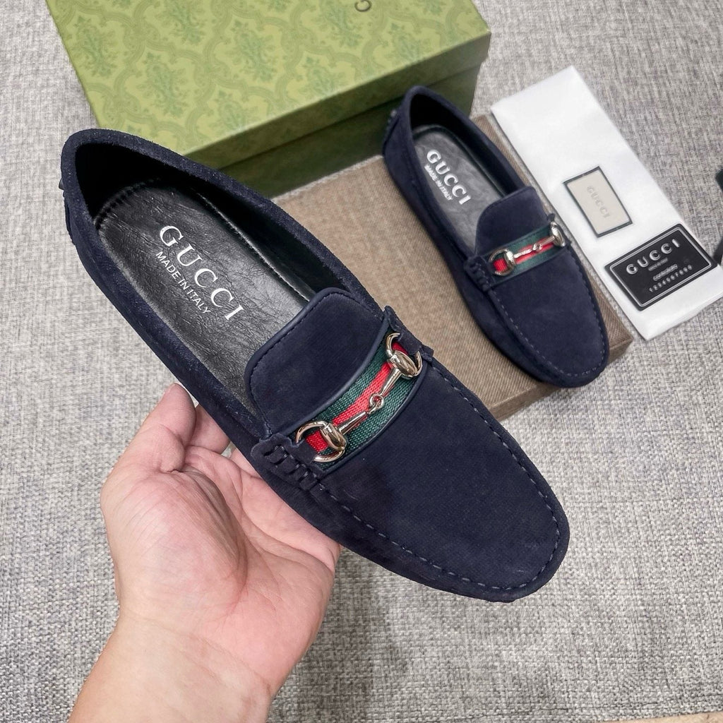 Gucci Navy Striped-Bit Driving Loafers — detail