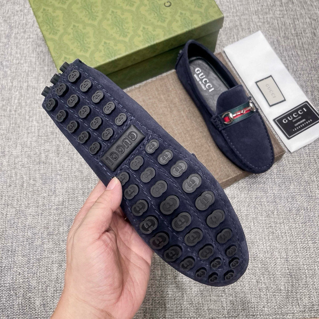 Gucci Navy Striped-Bit Driving Loafers — detail