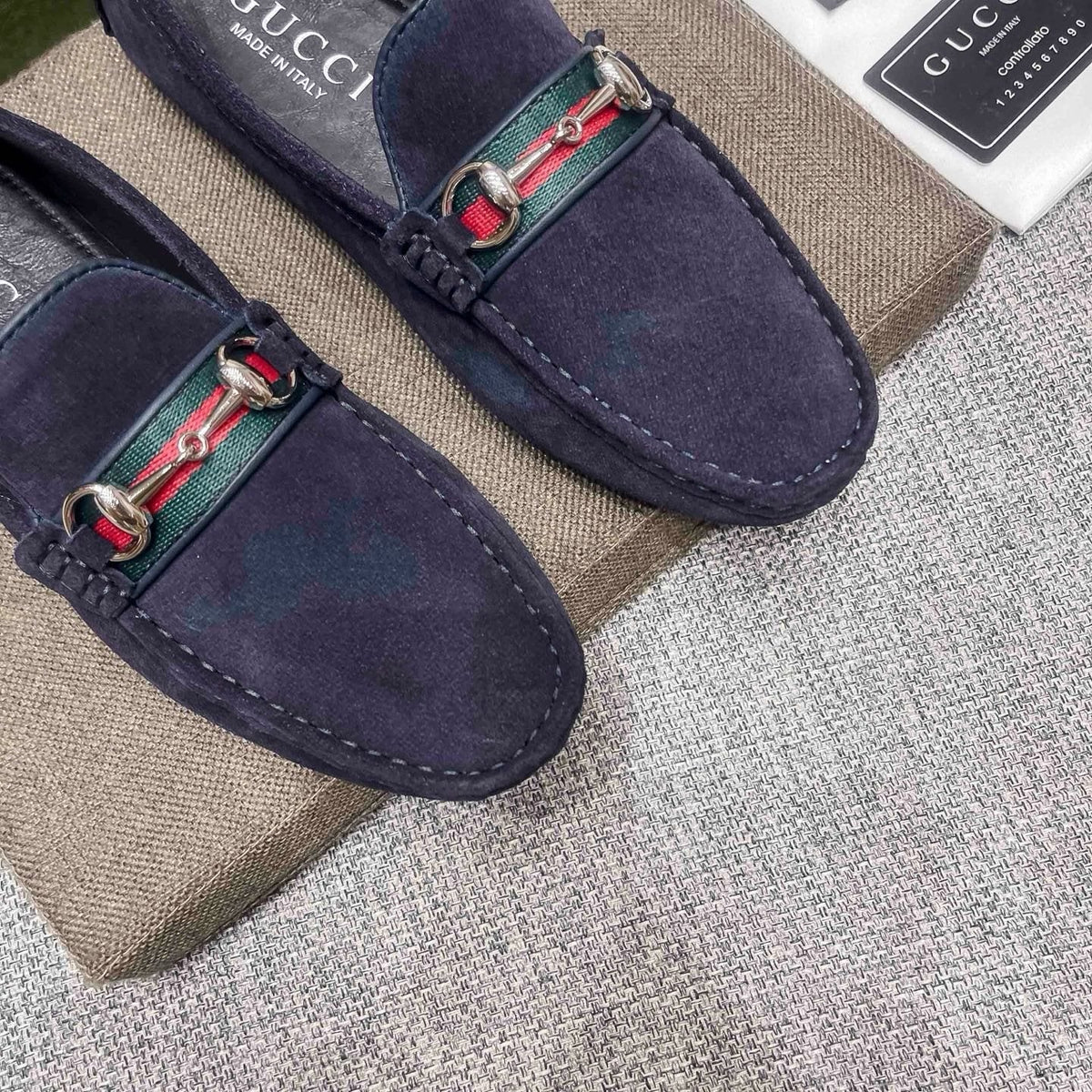 Gucci Navy Striped-Bit Driving Loafers — detail