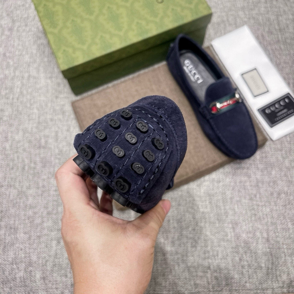 Gucci Navy Striped-Bit Driving Loafers — detail