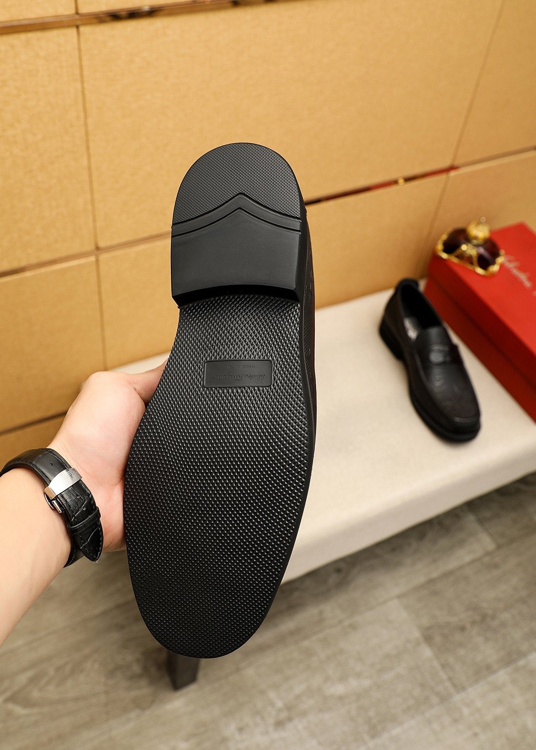 Ferragamo Black Embossed Hardware Loafers — detail