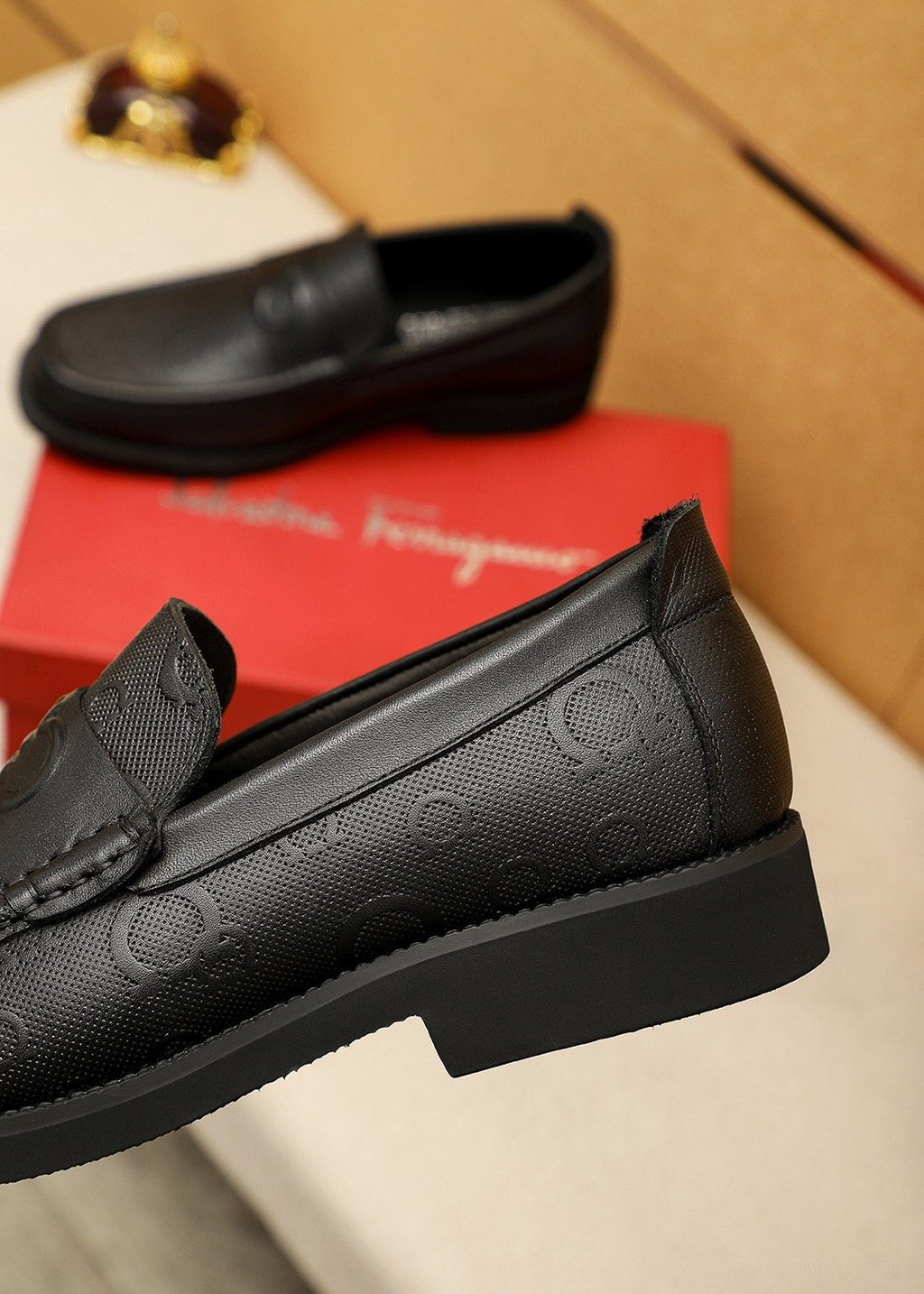 Ferragamo Black Embossed Hardware Loafers — detail