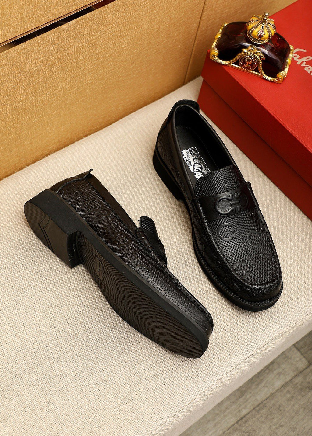 Ferragamo Black Embossed Hardware Loafers — front