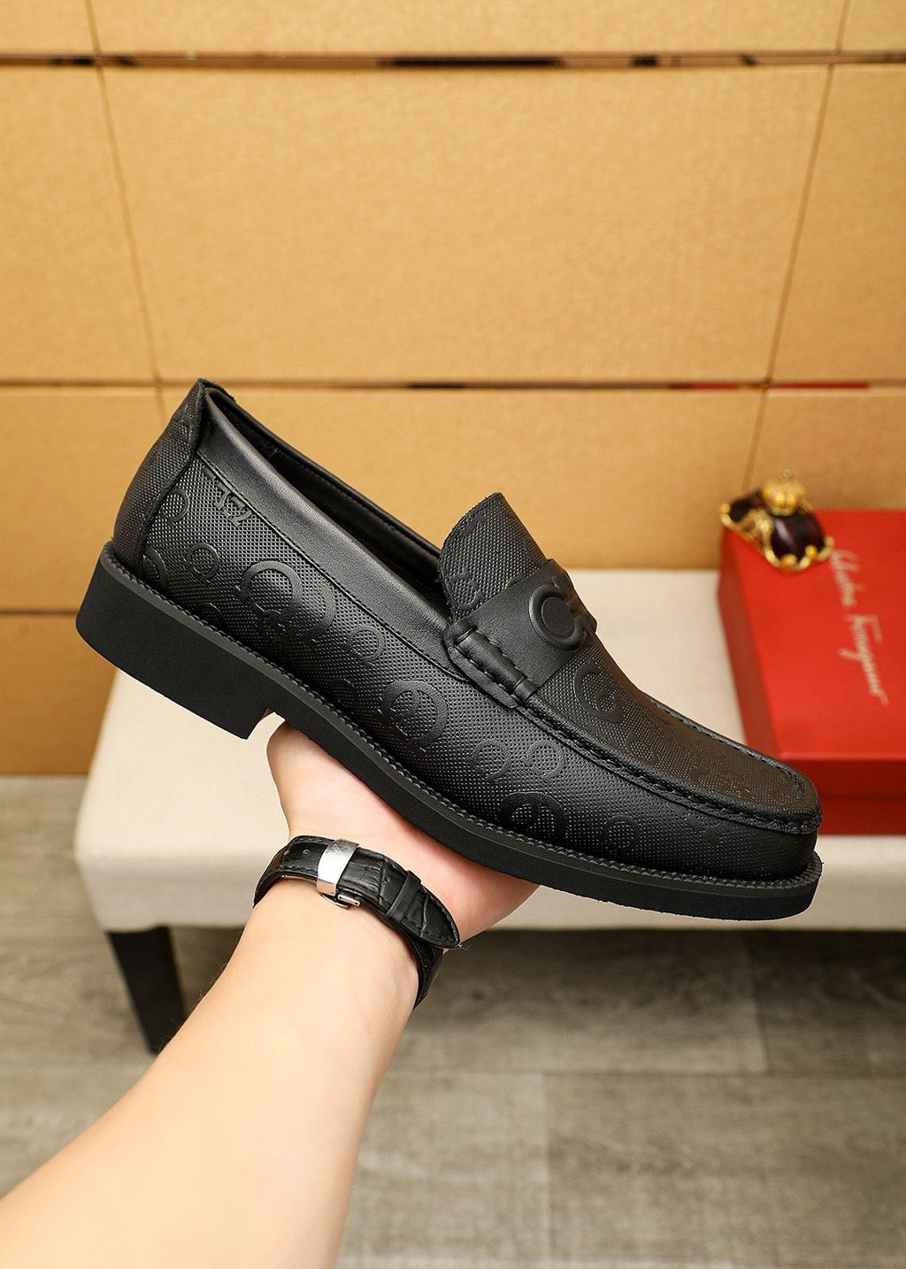 Ferragamo Black Embossed Hardware Loafers — side
