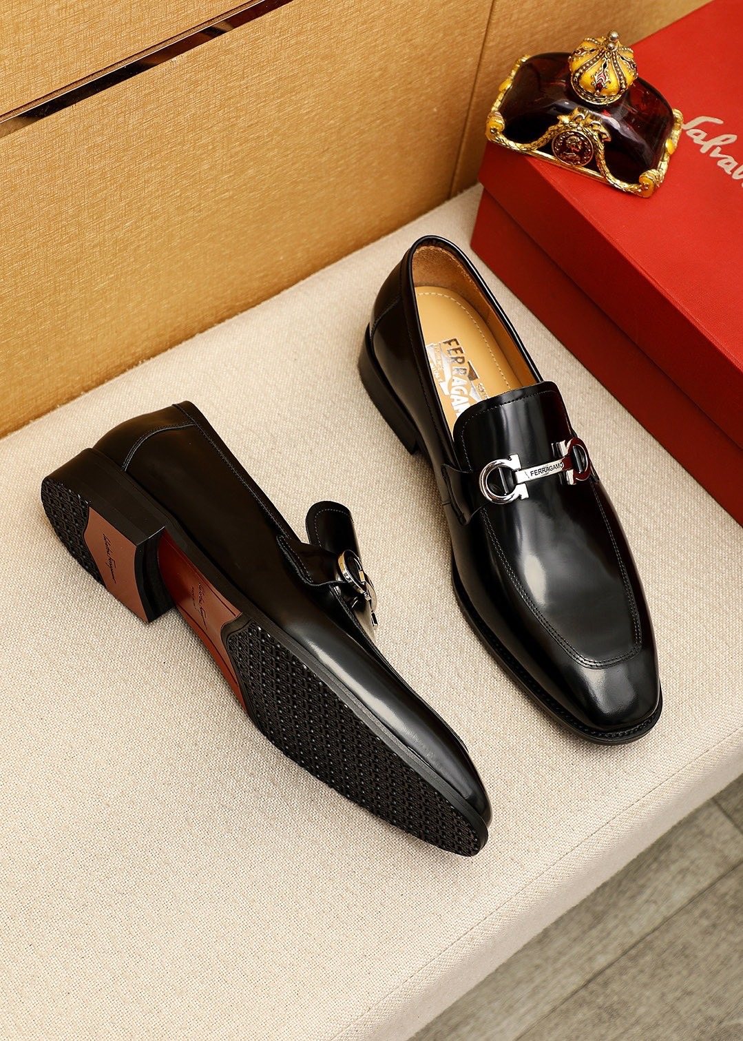 Ferragamo Black Hardware Loafers — front