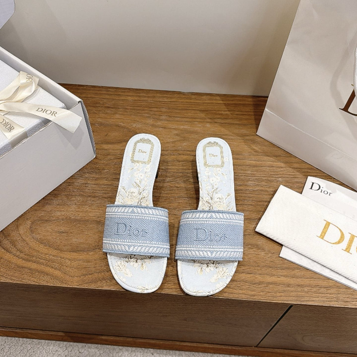 Dior Light Blue Embroidered Slide Sandals — front