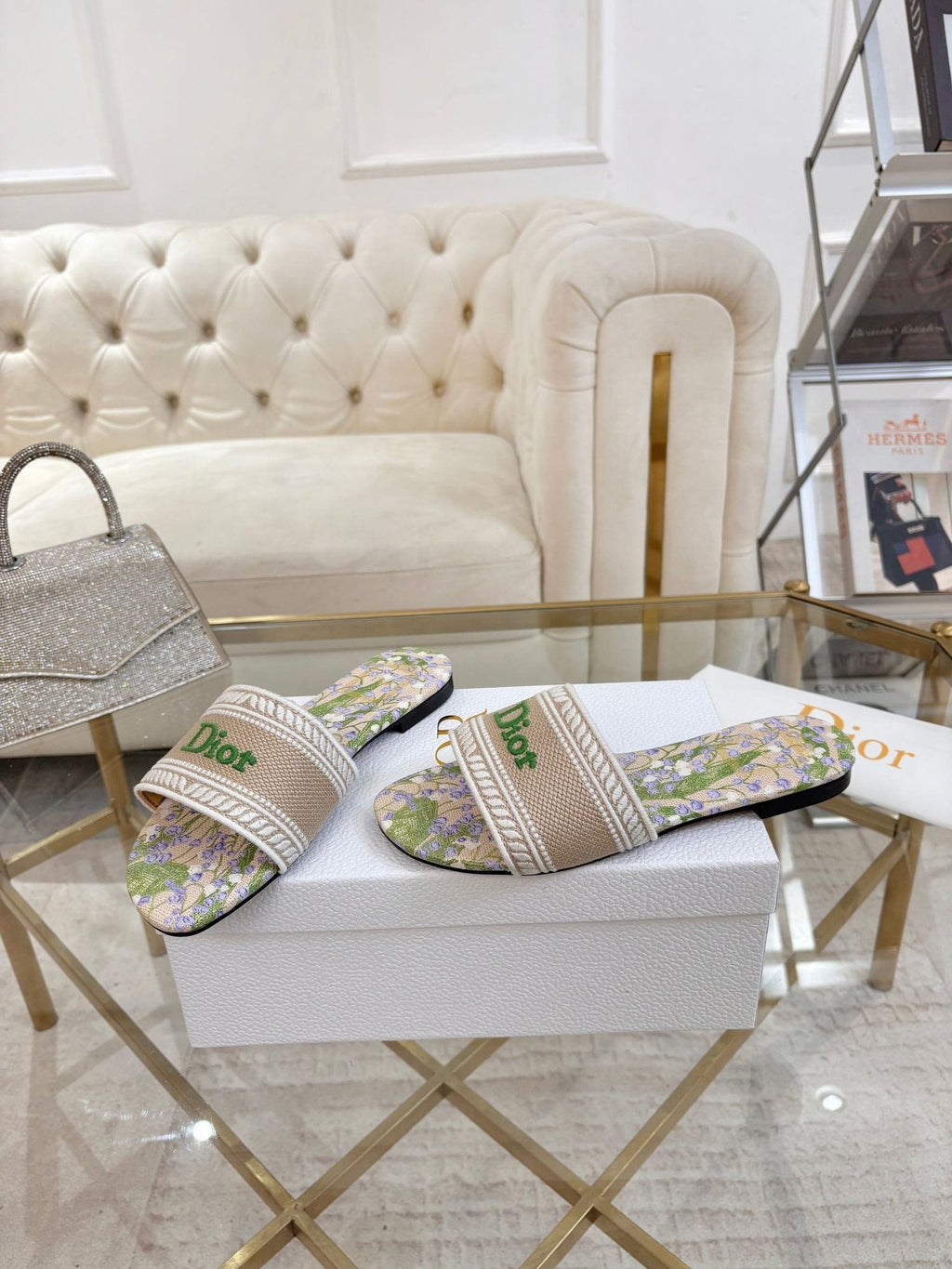 Dior Beige Floral Embroidered Slide Sandals — hero