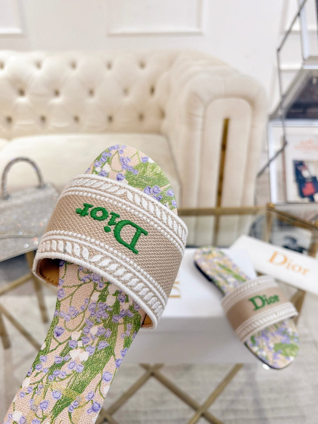 Dior Beige Floral Embroidered Slide Sandals — front