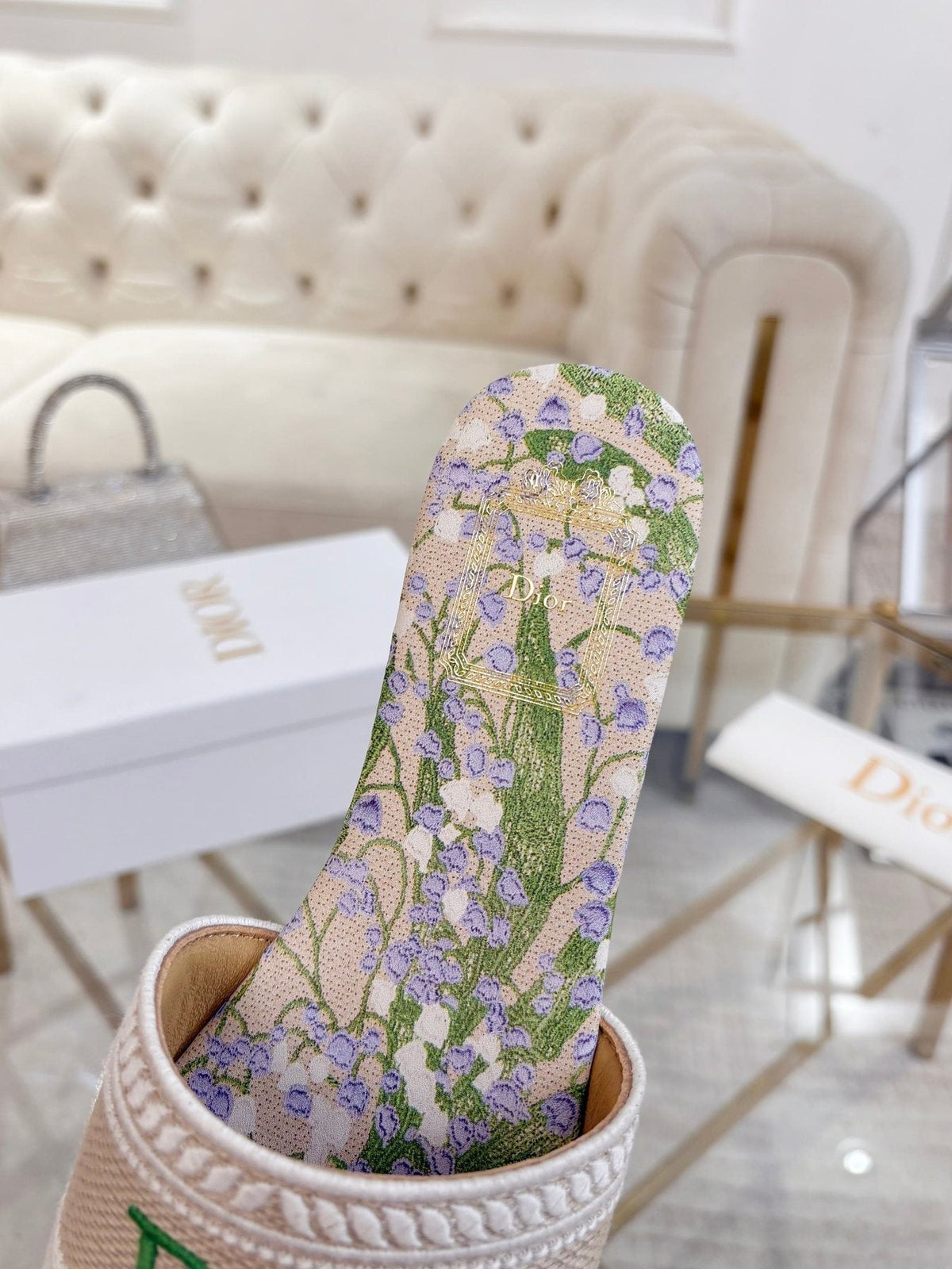 Dior Beige Floral Embroidered Slide Sandals — detail
