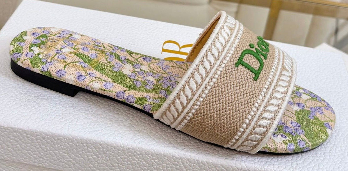 Dior Beige Floral Embroidered Slide Sandals — front