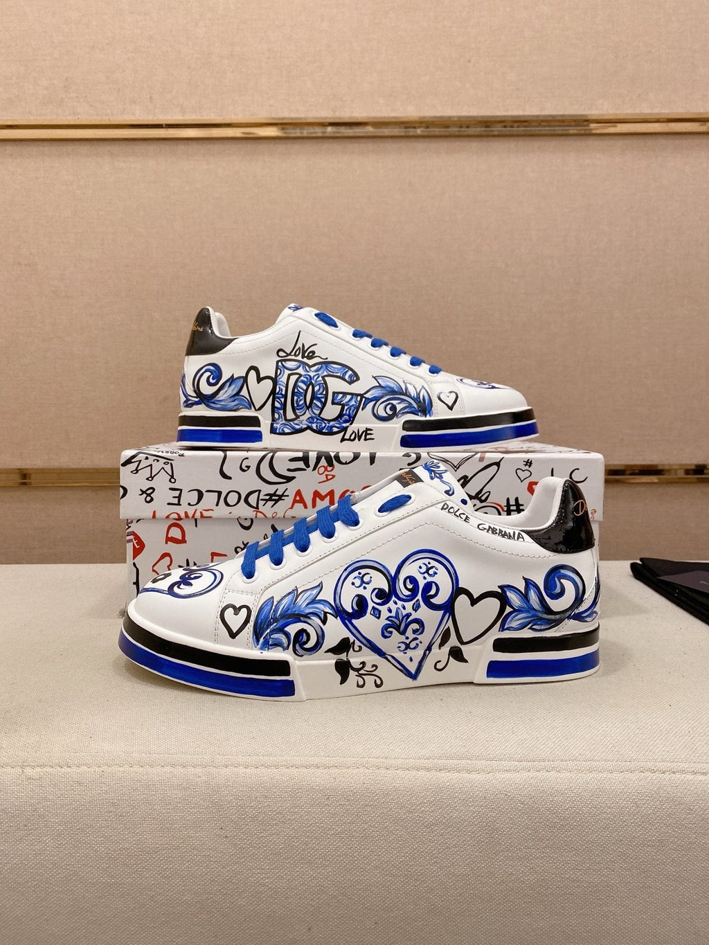 Dolce & Gabbana White Blue Graphic Sneakers — side