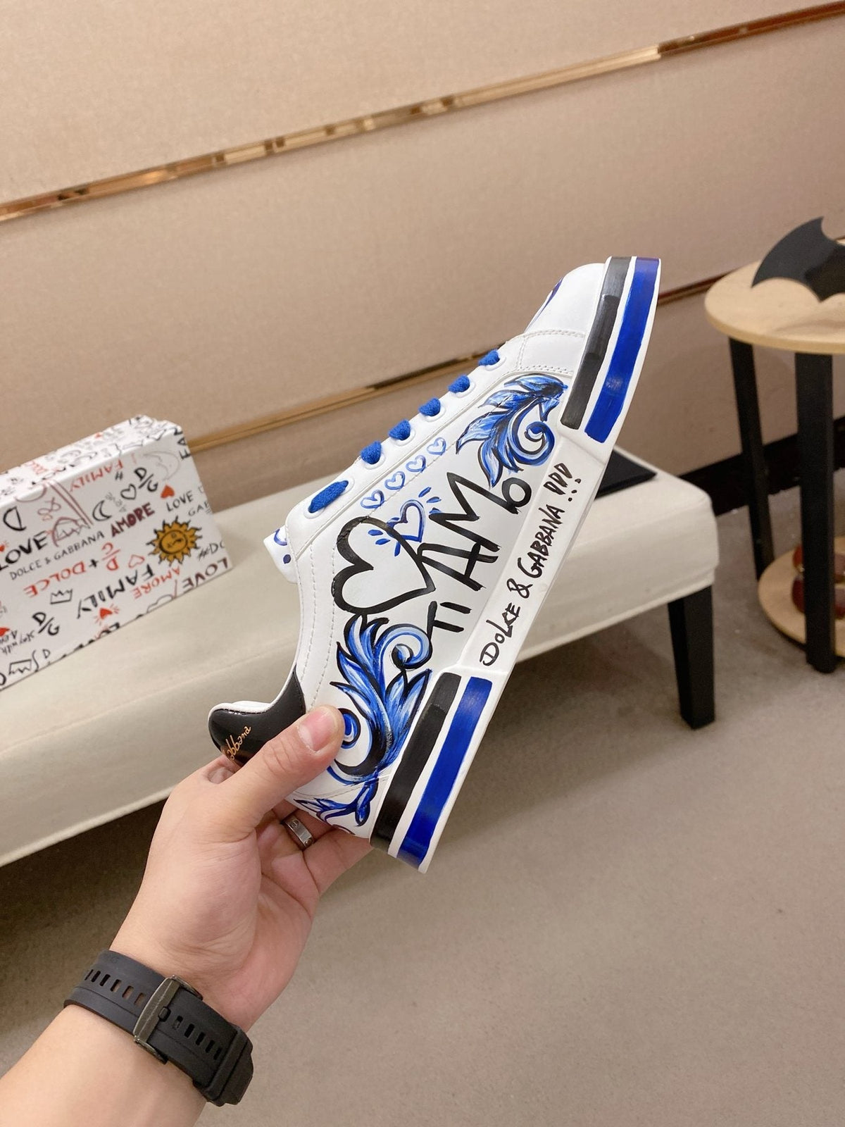 Dolce & Gabbana White Blue Graphic Sneakers — side