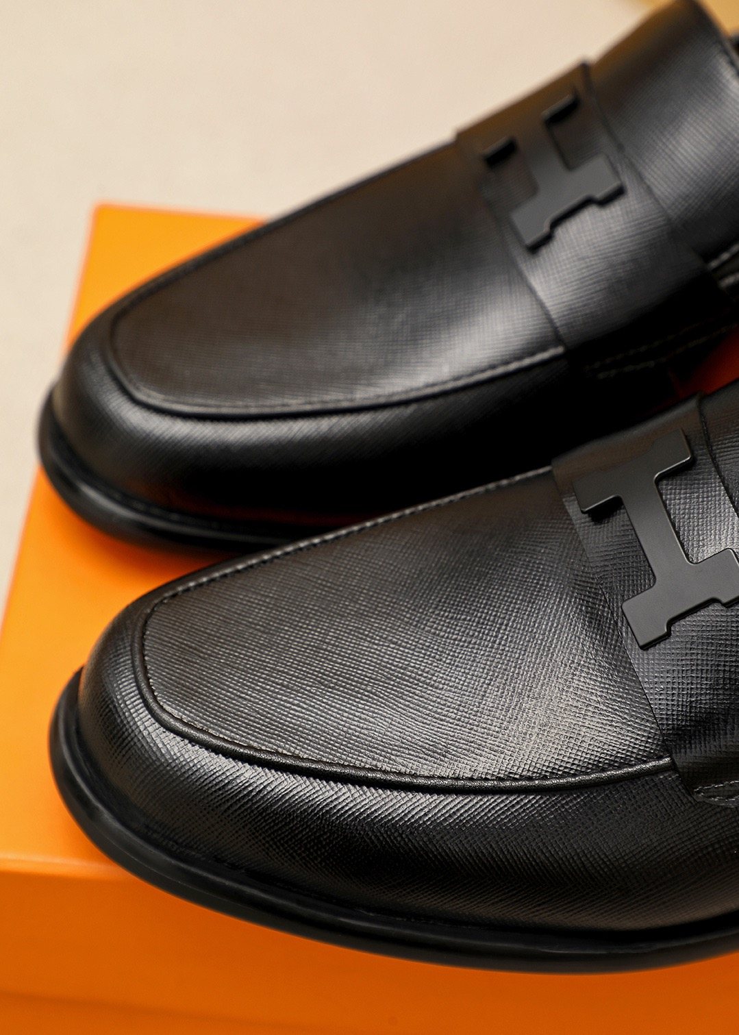 Hermès Black H-Strap Slip-On Loafers — detail