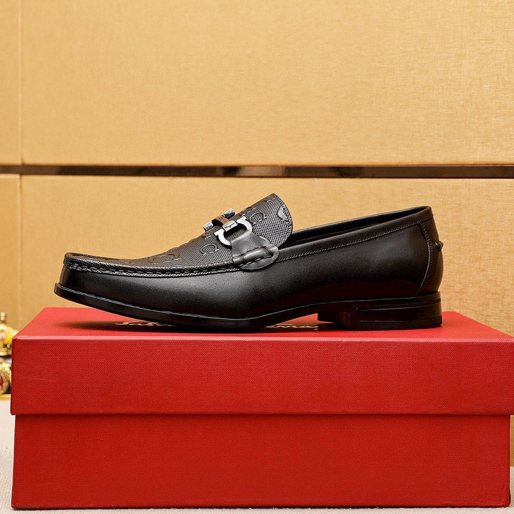 Ferragamo Black Embossed Buckle Loafers — side