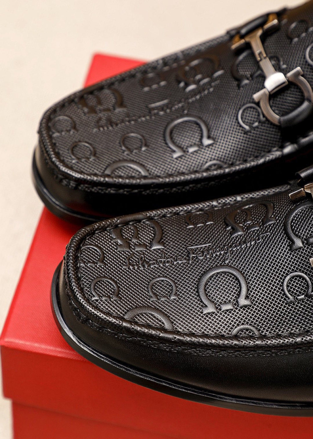 Ferragamo Black Embossed Buckle Loafers — detail