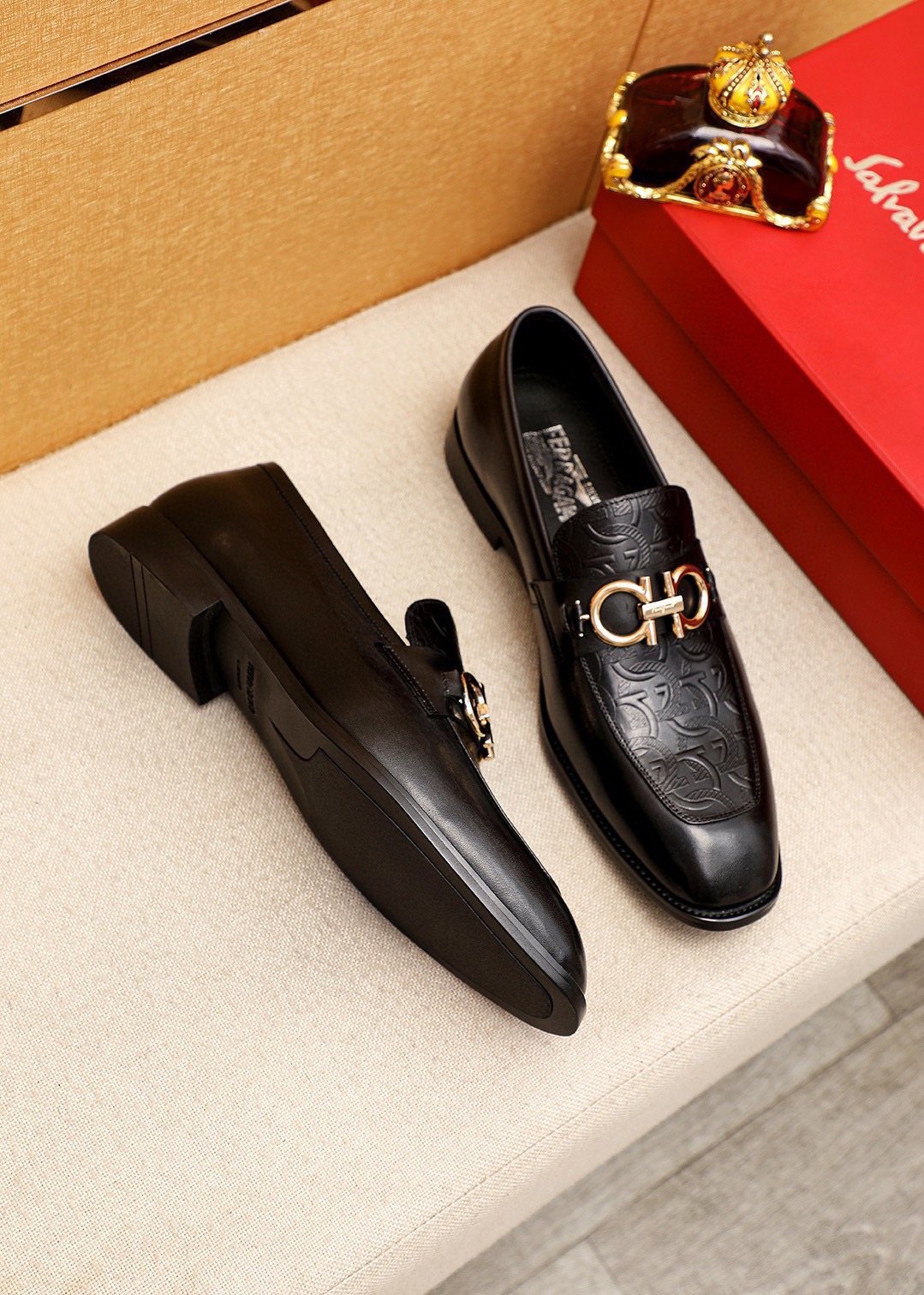 Ferragamo Black Embossed Buckle Loafers — front