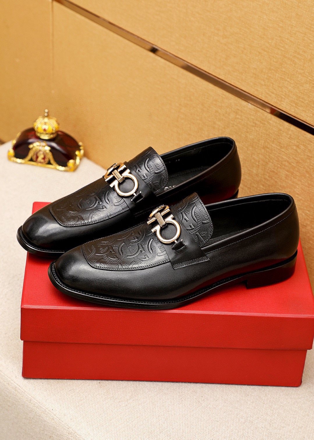 Ferragamo Black Embossed Buckle Loafers — front