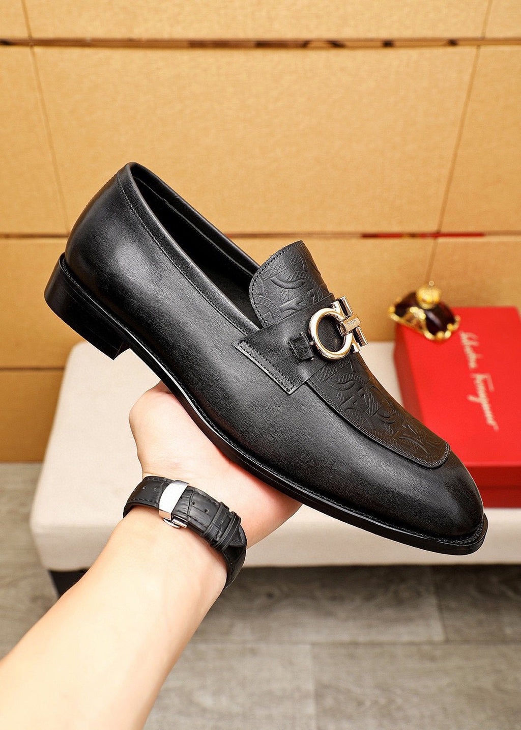 Ferragamo Black Embossed Buckle Loafers — model