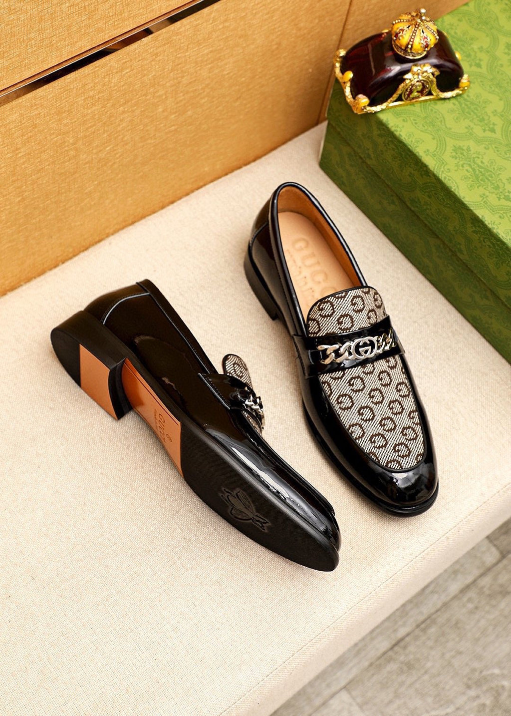 Gucci Black & Beige Patterned Loafers — front