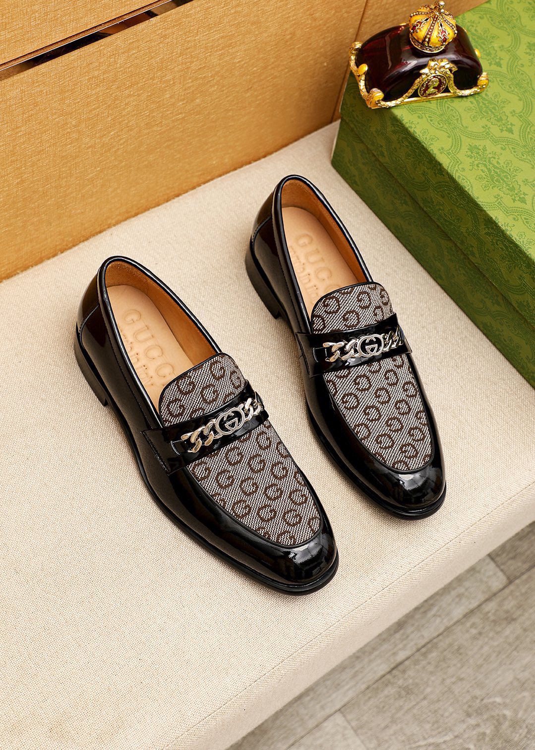 Gucci Black & Beige Patterned Loafers — front