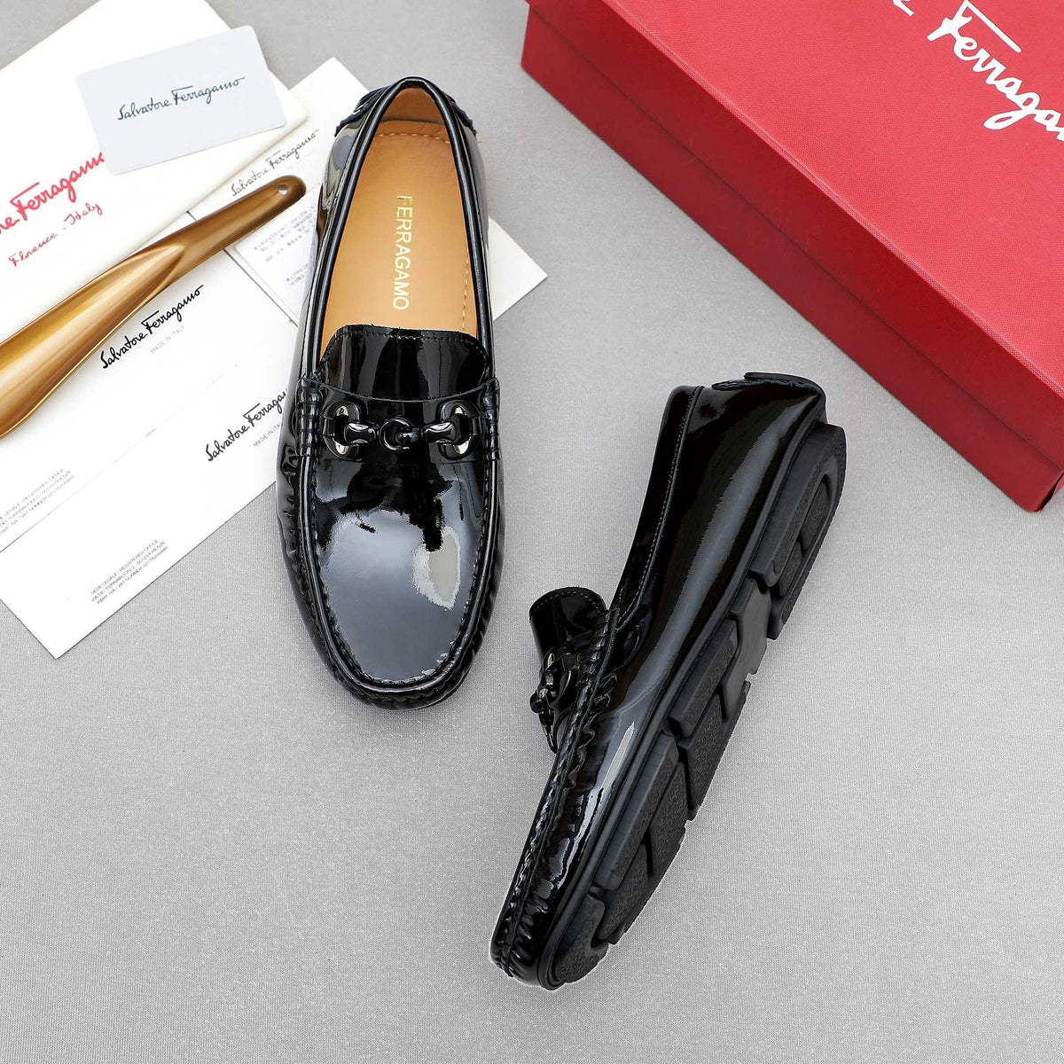 Ferragamo Black Metal Bit Loafers — side