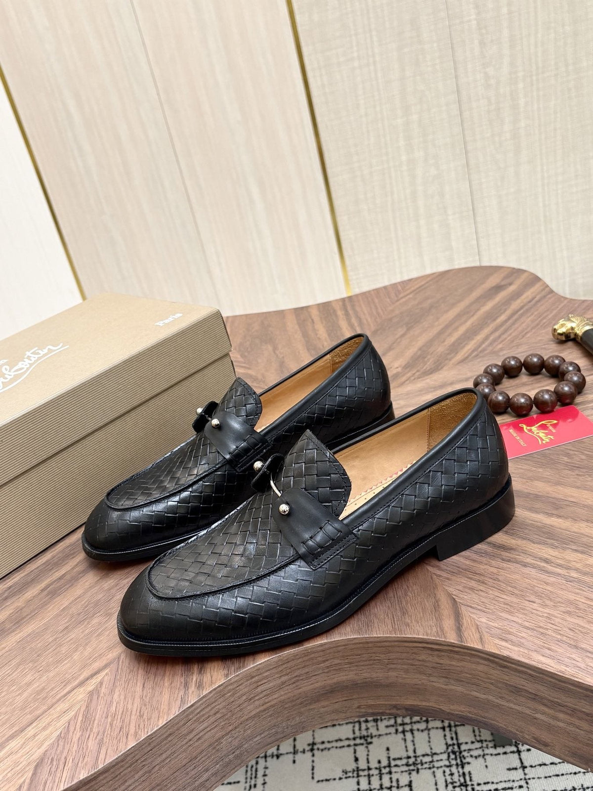 Black Woven Leather Loafers — front