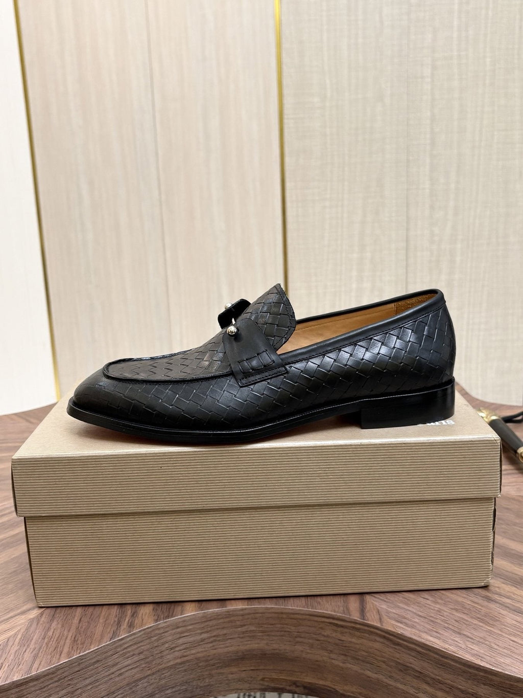 Black Woven Leather Loafers — side