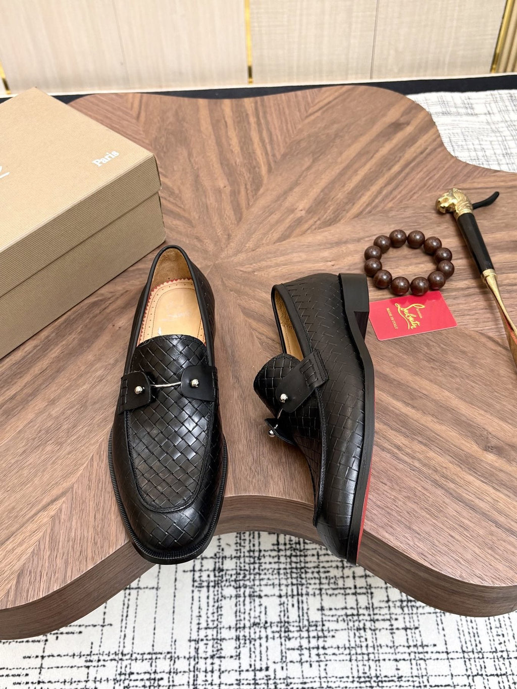 Black Woven Leather Loafers — side