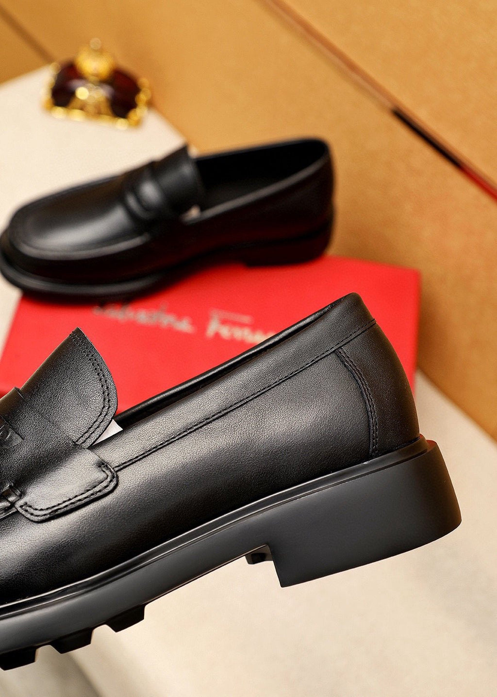 Ferragamo Black Leather Loafers — detail