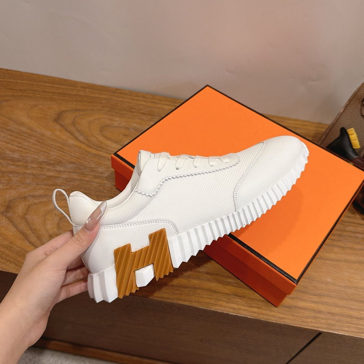 Hermès White Textured Low-Top Sneakers — side