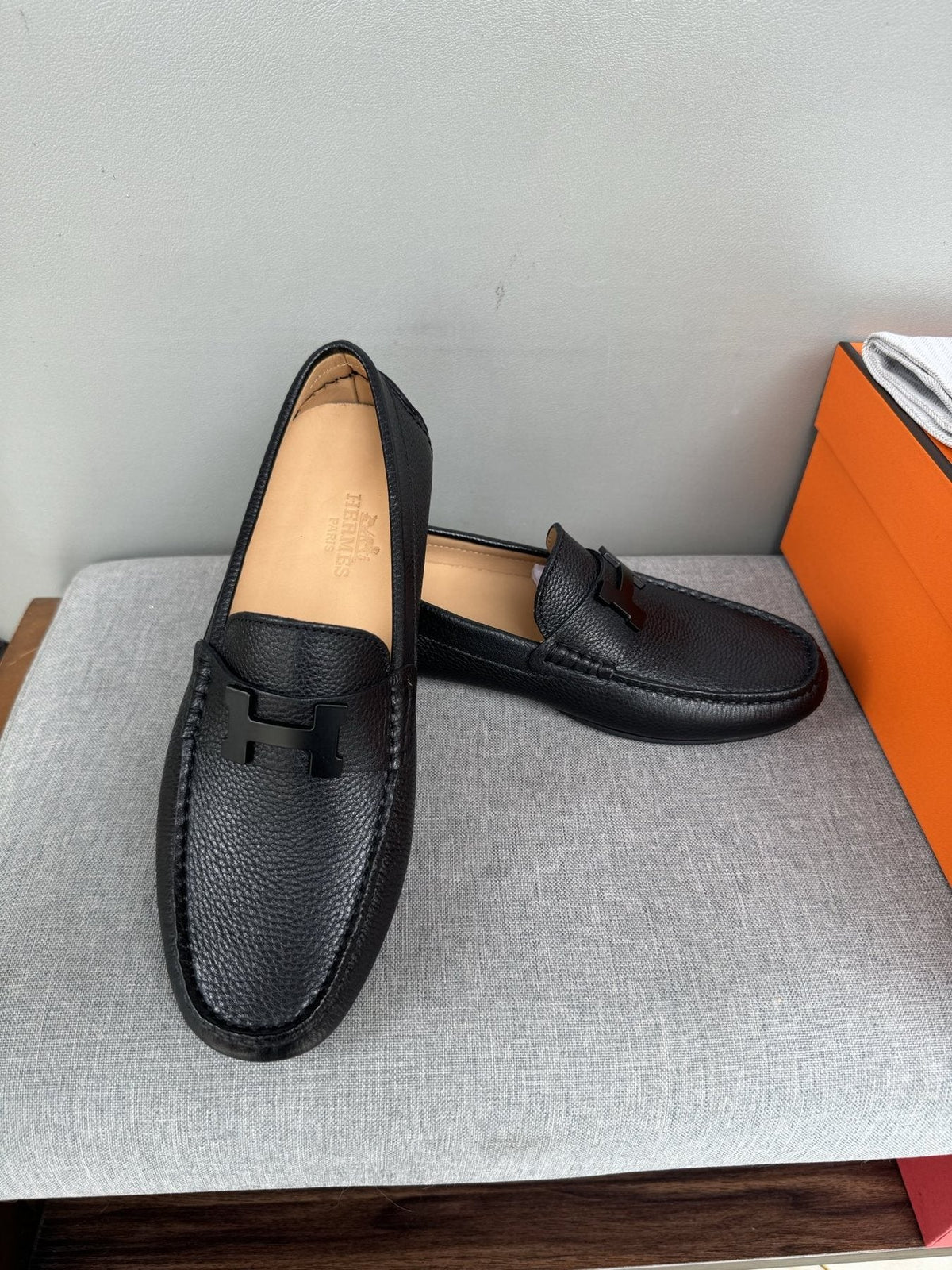 Hermès Black H-Hardware Loafers — front