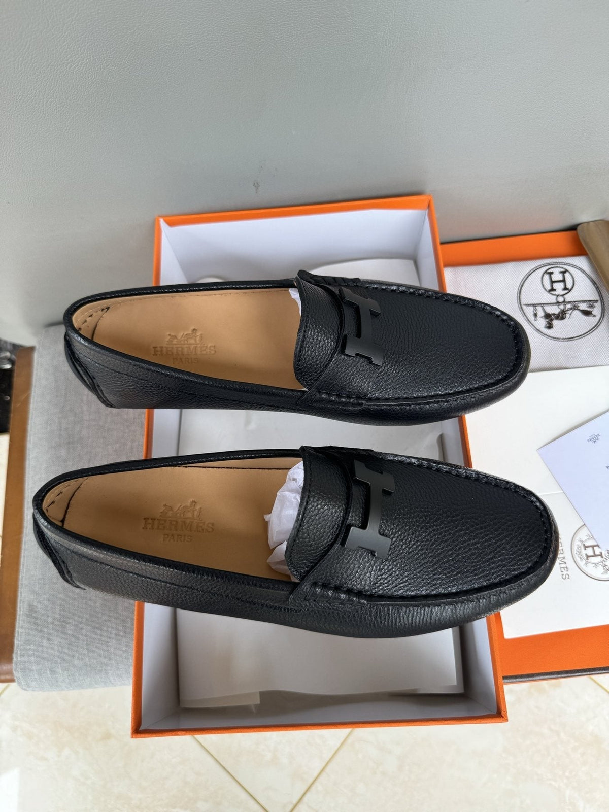 Hermès Black H-Hardware Loafers — front